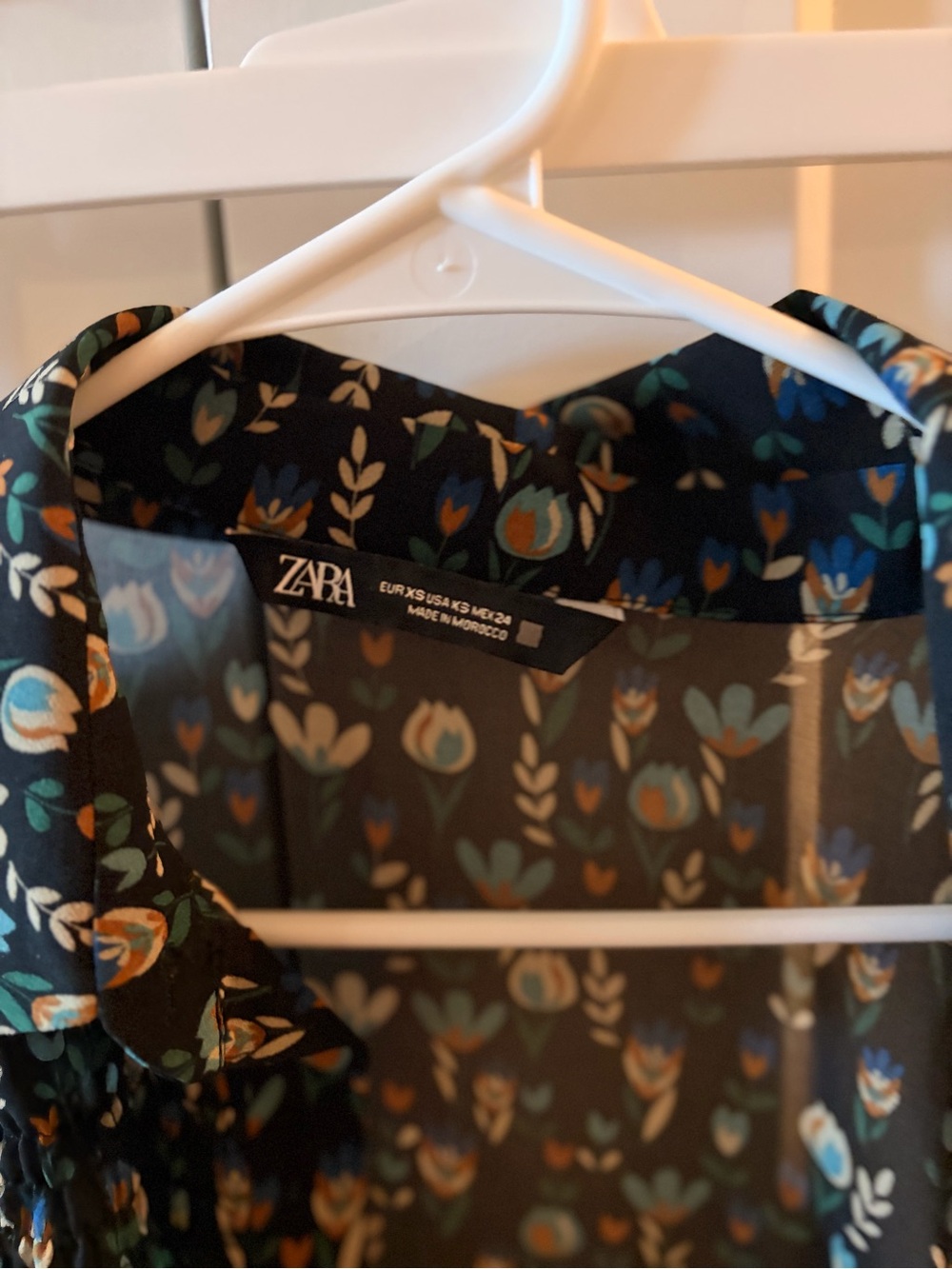 ZARA Black Sheer Floral Blouse with Teal and Orange Accents